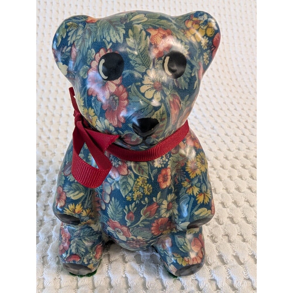 Vintage Floral Chintz Teddy Bear Figurine – 6” Ceramic with Red Ribbon